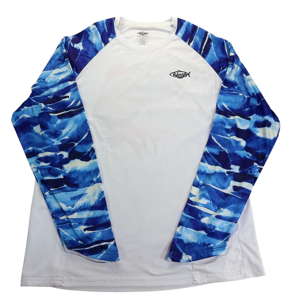 Palmyth Performance Fishing Shirt Mens L White Blue Camo USA Flag Fish L/S